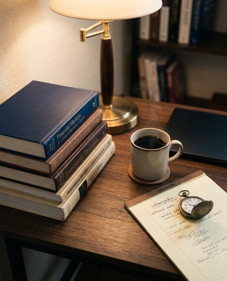 Meja editorial dengan beberapa buku ensiklopedia, lampu meja, dan secangkir kopi hitam pekat
