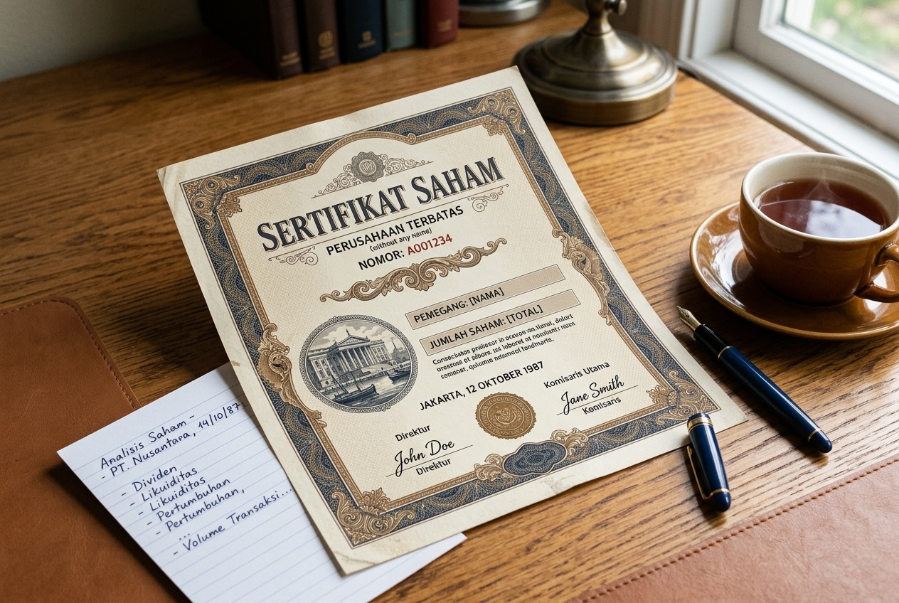 Ilustrasi sertifikat saham klasik di atas meja kerja kayu hangat