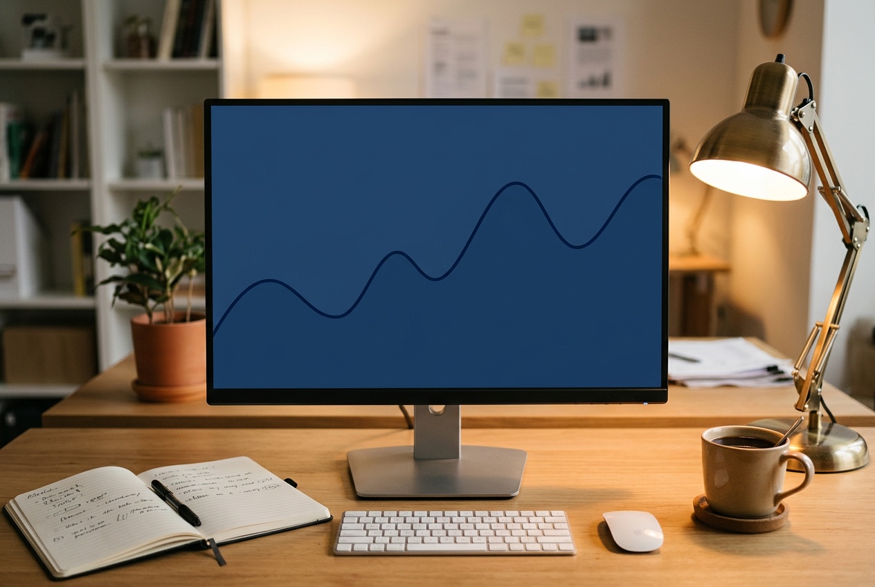 Layar monitor menampilkan grafik garis biru tua dengan latar ruang kerja redaksi