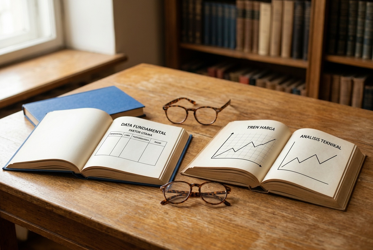Dua buku terbuka dengan grafik dan tabel keuangan di tengah meja perpustakaan
