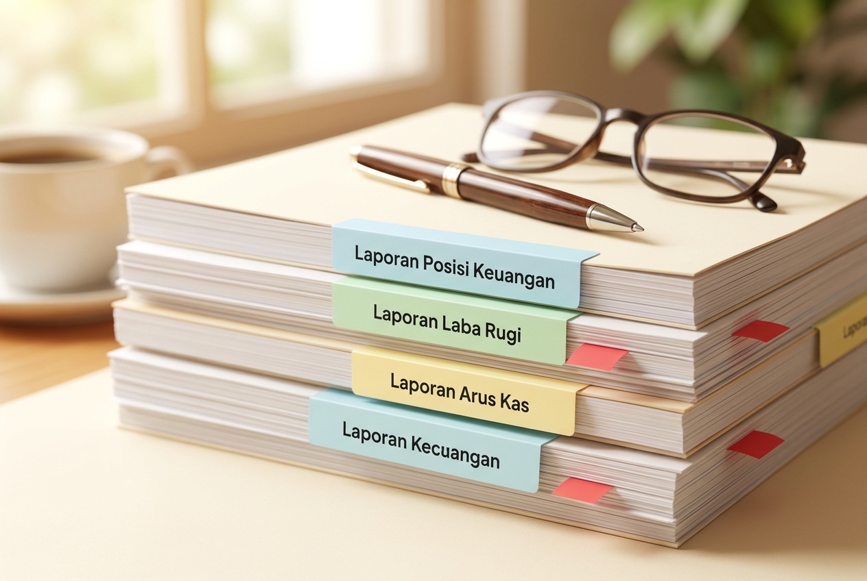 Tumpukan dokumen laporan keuangan tahunan emiten dengan label berwarna pastel