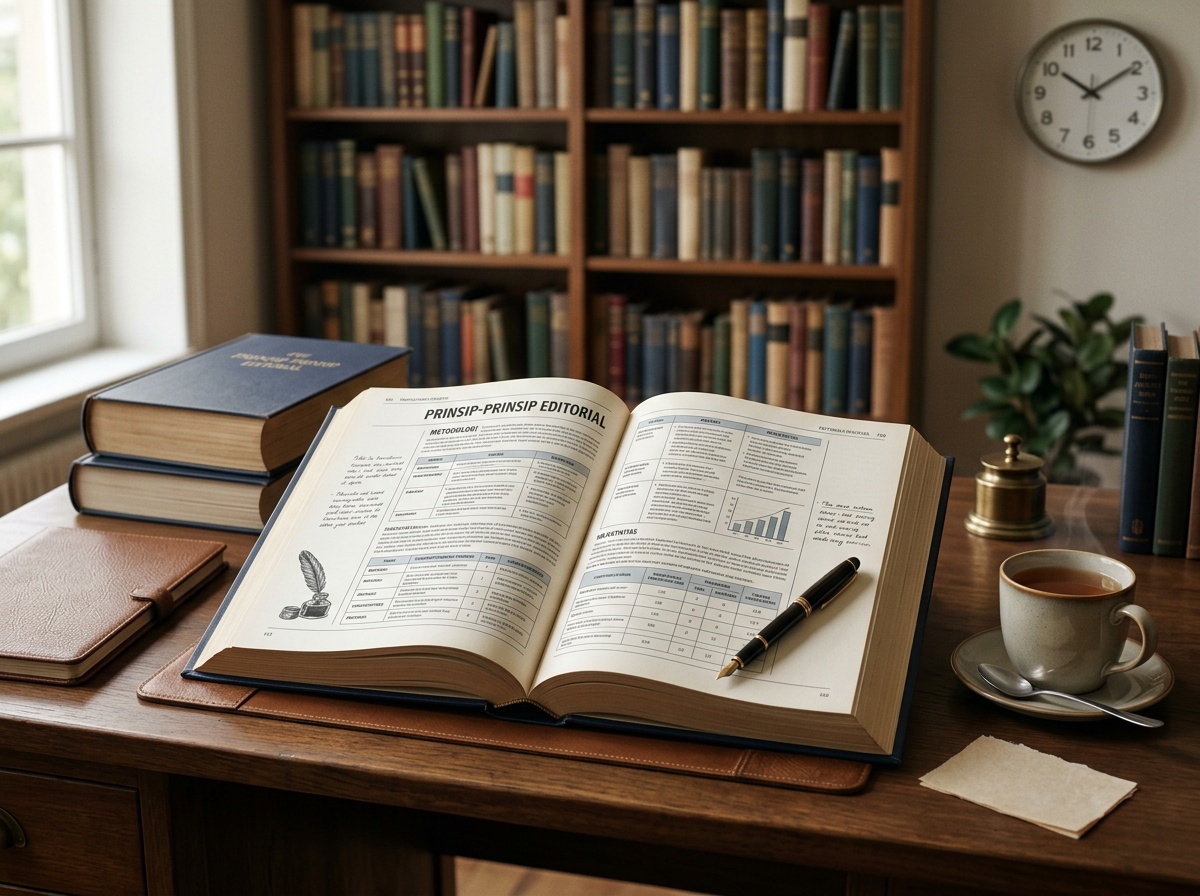 Ilustrasi meja editor dengan buku ensiklopedia terbuka, pena, dan secangkir teh hangat
