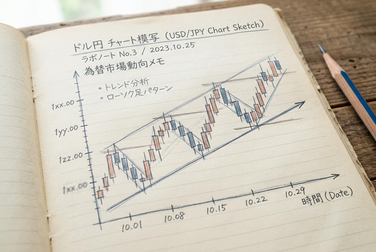 ドル 円 チャートのローソク足を紙に書き起こした名古屋の編集ラボの作業机