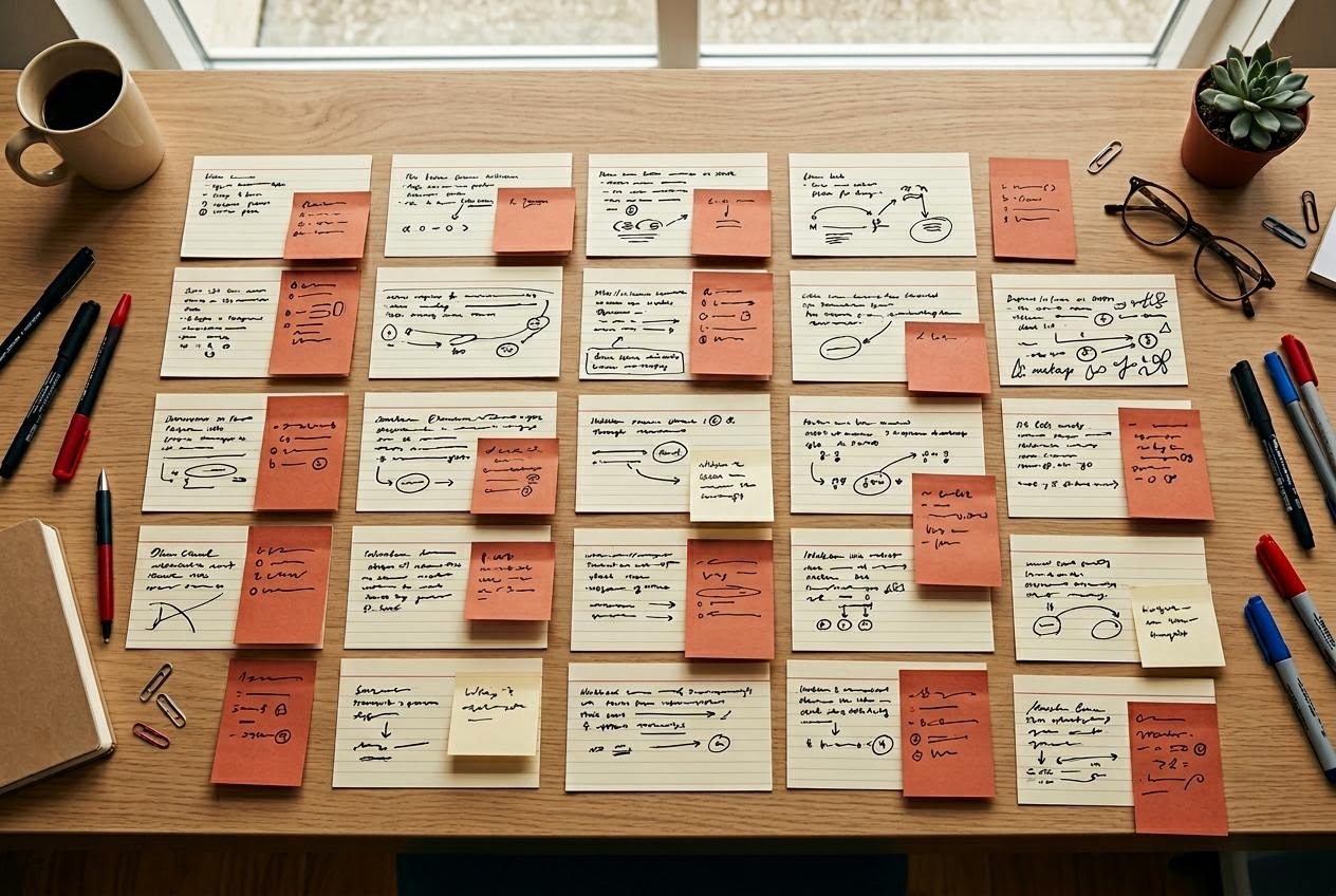 名古屋の編集ラボで掲示板の書き込みをメモにまとめている机の俯瞰写真
