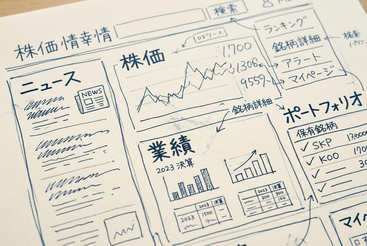 みん かぶを想起させる株価情報サイトのレイアウトをノートに描き写した机の画像