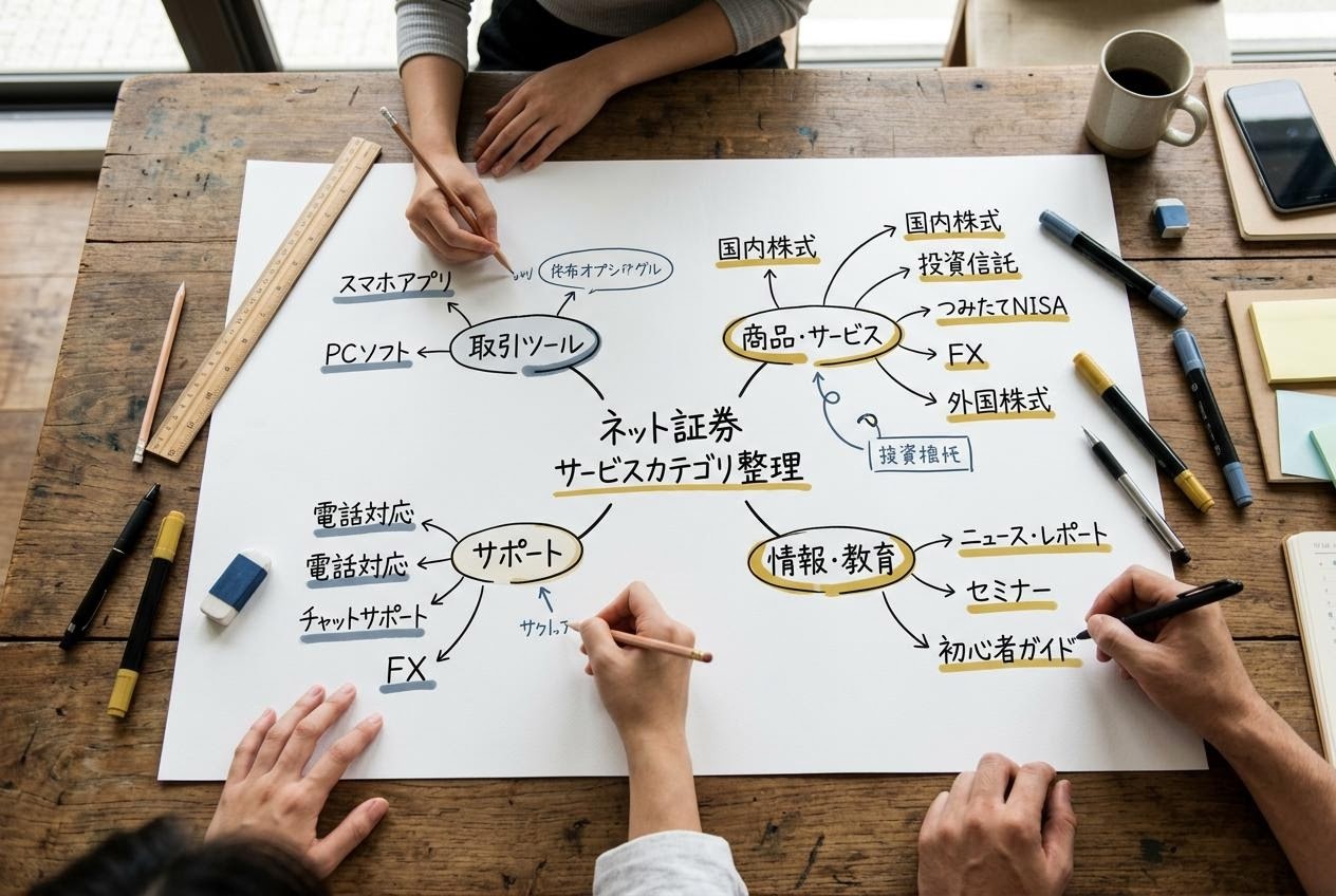 ネット証券の一般的な画面構成を紙に描いたラボのワークショップ風景